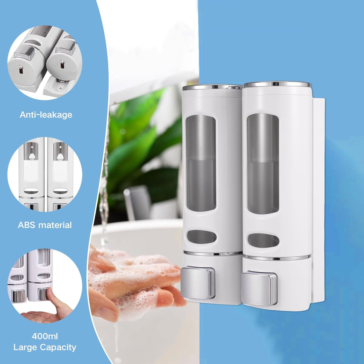 2Pcs/3Pcs Shower Soap Dispenser Wall Mounted 400Ml Shampoo and Conditioner Dispenser Adhesive Handwashing Fluid Dispenser Rest Room Washroom Toilet Soap Dispenser for Bathroom Hotel (2 Chamber) image number 6