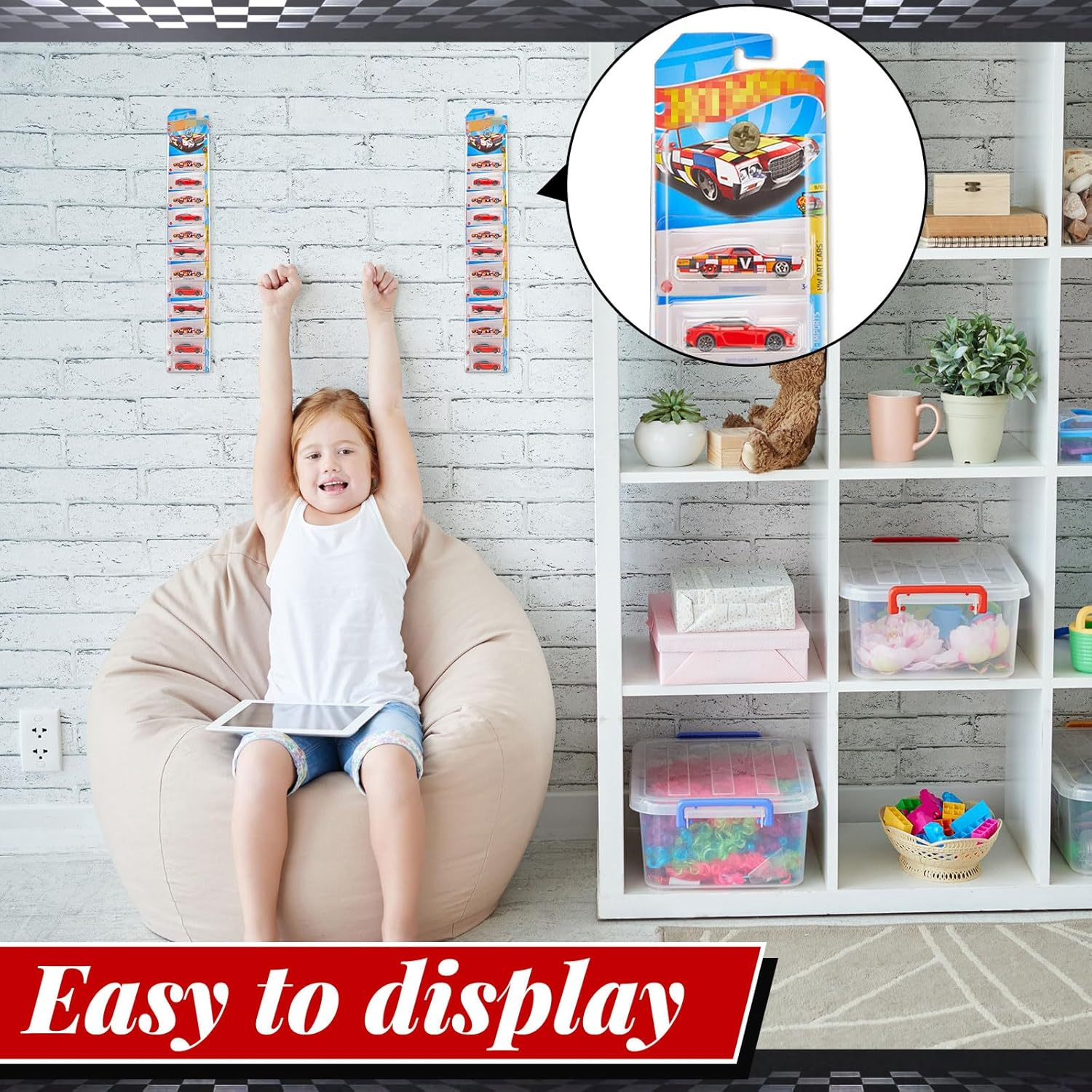 Rattanview 10 Pcs Model Car Display Cases Wall Mount Holds up to 100 Cars Compatible with Hot Wheels Toy Car Organizer Diecast Blister Car Display Shelf for Packaged Small Wheels Storage (16.7 X 4.4) image number 6