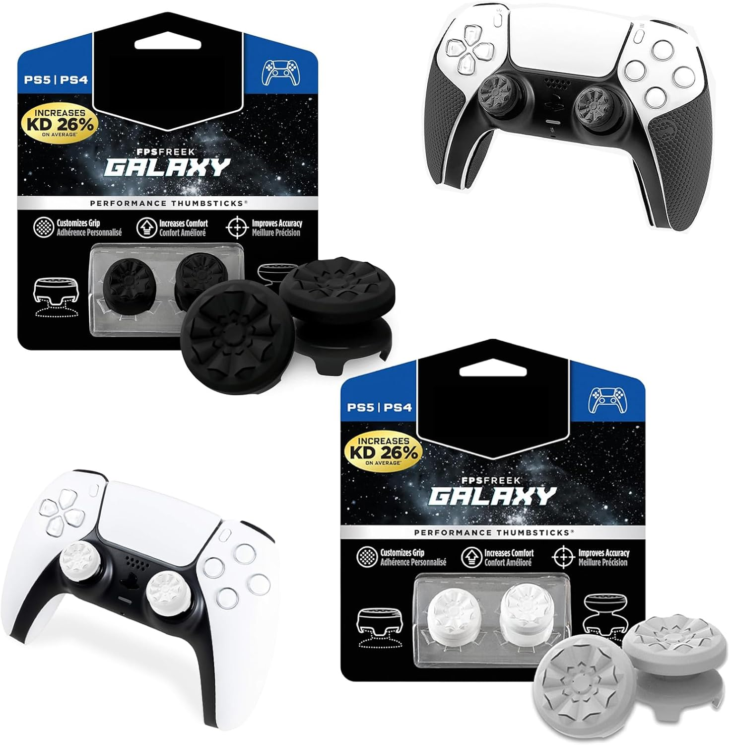 FPS Freek Galaxy 2Sets Thumbsticks for PS5, PS4 Controllers &ndash; High-Rise & Mid-Rise Performance Grips &ndash; Enhanced Accuracy, Comfort & Control &ndash; Gaming Accessories for Playstation (2 Black)