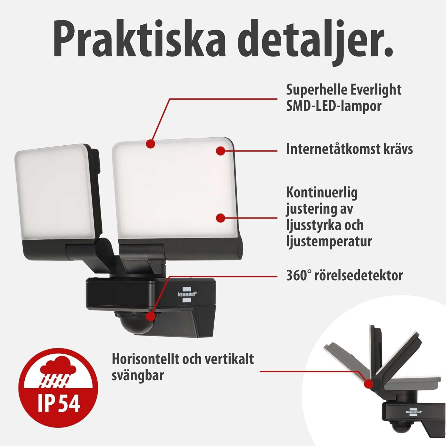 Brennenstuhl Connect Wifi Dual WFD 3051P LED Floodlight with Motion Sensor (36W, 4300Lm, IP54, Multiple Lighting Functions Adjustable via App, Outdoor Spotlight for Mounting image number 3