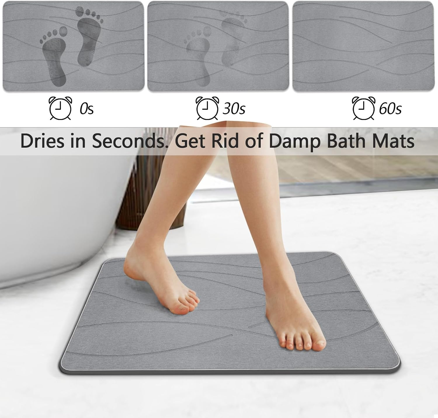 Heyolo Stone Bath Mat Diatomaceous Earth Bath Mat 60X39Cm Non Slip Super Absorbent Bath Mats for Bathroom Quick Dry Diatomite Stone Shower Mat for Kitchen Bathtub, Easy to Clean, Light Gray 2 Pack image number 3