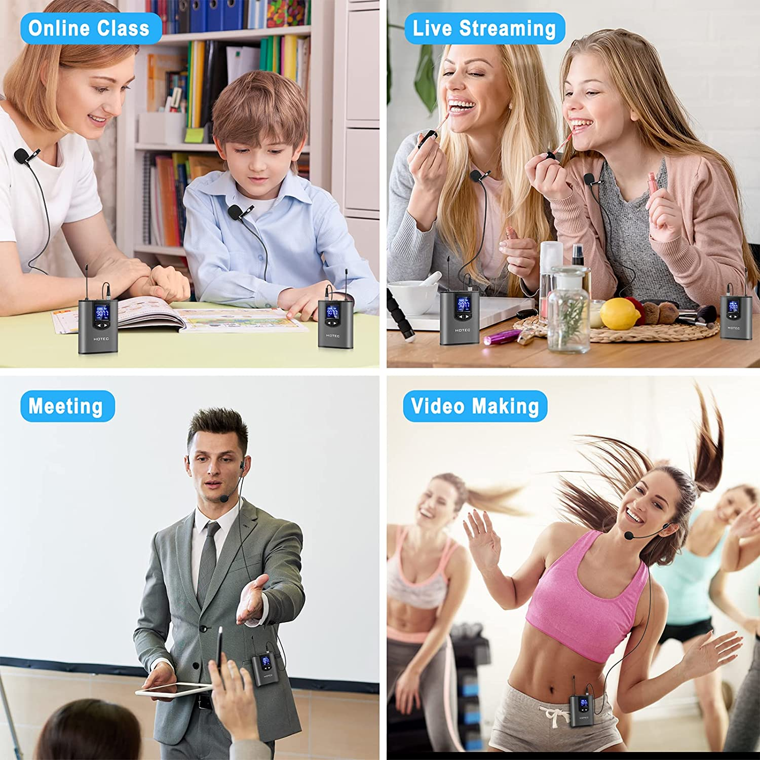 Hotec Wireless System with Dual Headset Microphones/Lavalier Lapel Mics and Bodypack Transmitters and One Mini Rechargeable Receiver 1/4" Output, for Live Performances image number 1