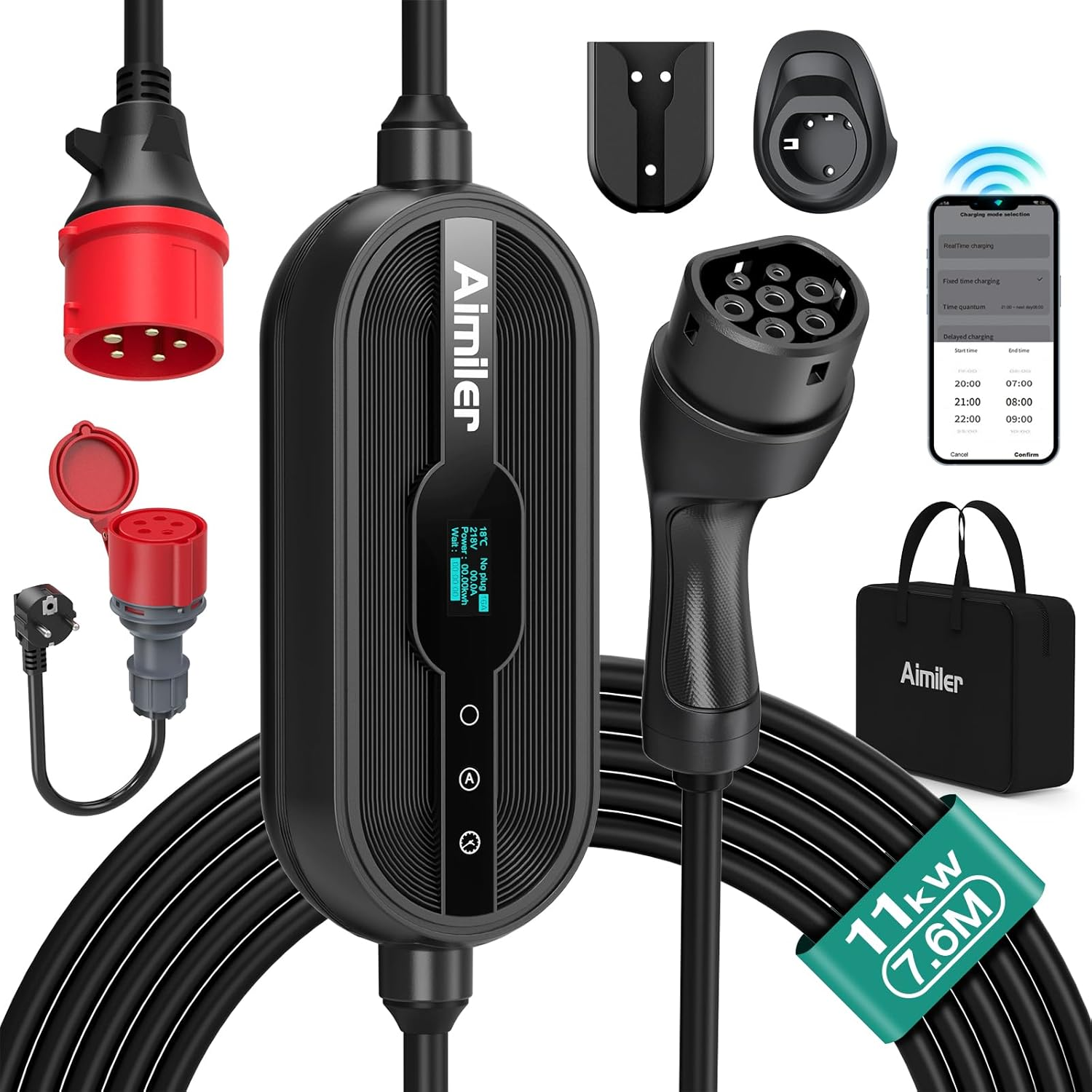 AIMILER Wallbox 11 Kw with App, Mobile Charging Station 3 Phase 400 V (8-16 a Adjustable) 7.5 M Type 2 Charging Cable Car, IP65 Portable/Wall Mounting for Electric Car (Model Y/3, ID.3/4/5, MG4, Zoe image number 6