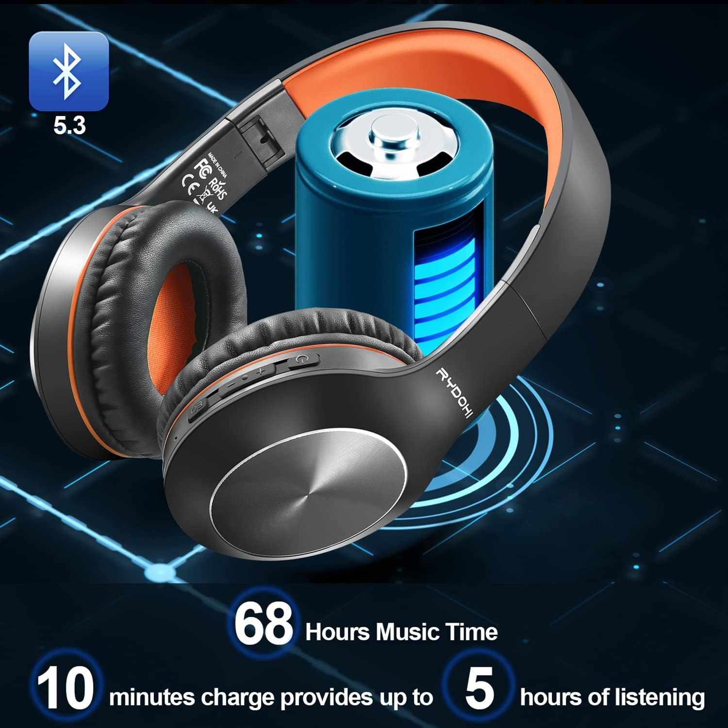 Rydohi Bluetooth Headphones over Ear, 68H Playtime and 3 EQ Music Modes Wireless Headphones with Microphone/Deep Bass, Hifi Stereo Foldable Lightweight Headset for PC Home Travel Office (BLACK-ORANGE) - Black image number 2