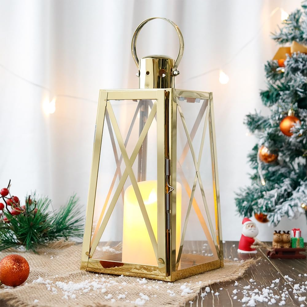 TRIROCKS Stainless Steel Decorative Lantern 12''H Metal Outdoor Candle Holder Hanging Candle Lantern with Tempered Glass for Christmas Home Wedding Living Room Parties Indoor Outdoor(Gold Trapezoid)