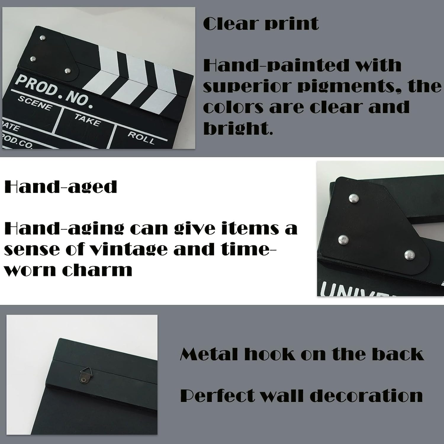 Hollywood Directors Clapboard with Erasable Pen - 10.63X11.8 Inch Black Film Clapper Board for Movie Theater Props, Photography Studio, Video & Television Production - Vintage Wooden Slate image number 4