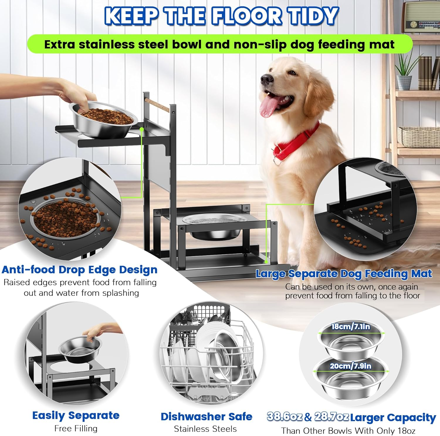 6 Height Adjustable Raised Dog Bowl Stand, Metal Elevated Dog Bowls for Medium Dogs with Independent Dog Feeding Mat, Dog Food Stands, Dog Feeder Station for Medium Small Dog (Black) image number 5