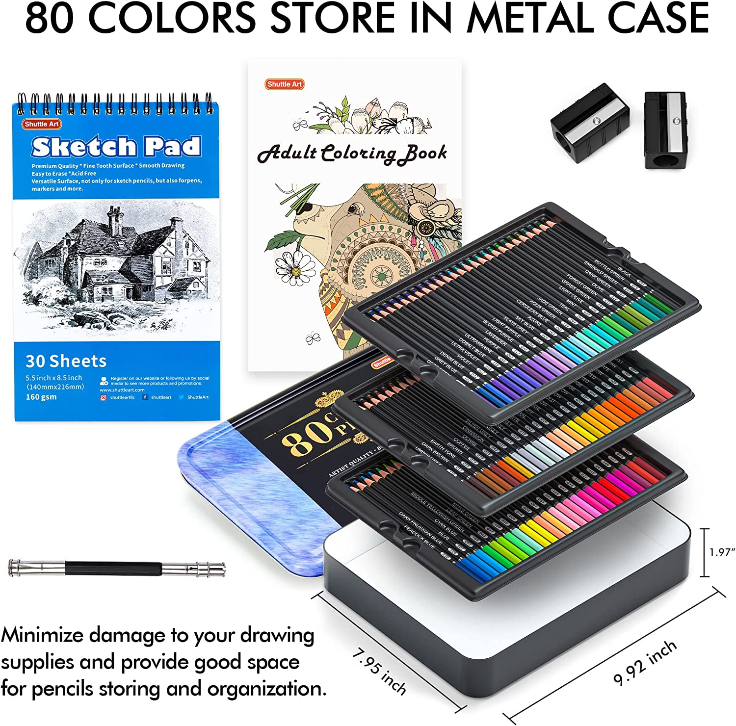 Shuttle Art 80 Colours Professional Colouring Pencils, Soft Core Coloured Pencil Set with 1 Colouring Book,1 Sketch Pad, 2 Sharpener, 1 Pencil Extender, Perfect for Artists Adult Beginners Drawing