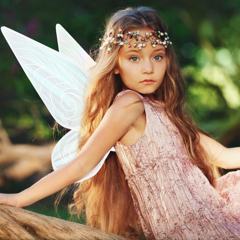 Butterfly Fairy Halloween Costume Angel Wings,Fairy Wings Dress up Sparkling Sheer Wings for Kids Girls Women (White) image number 3