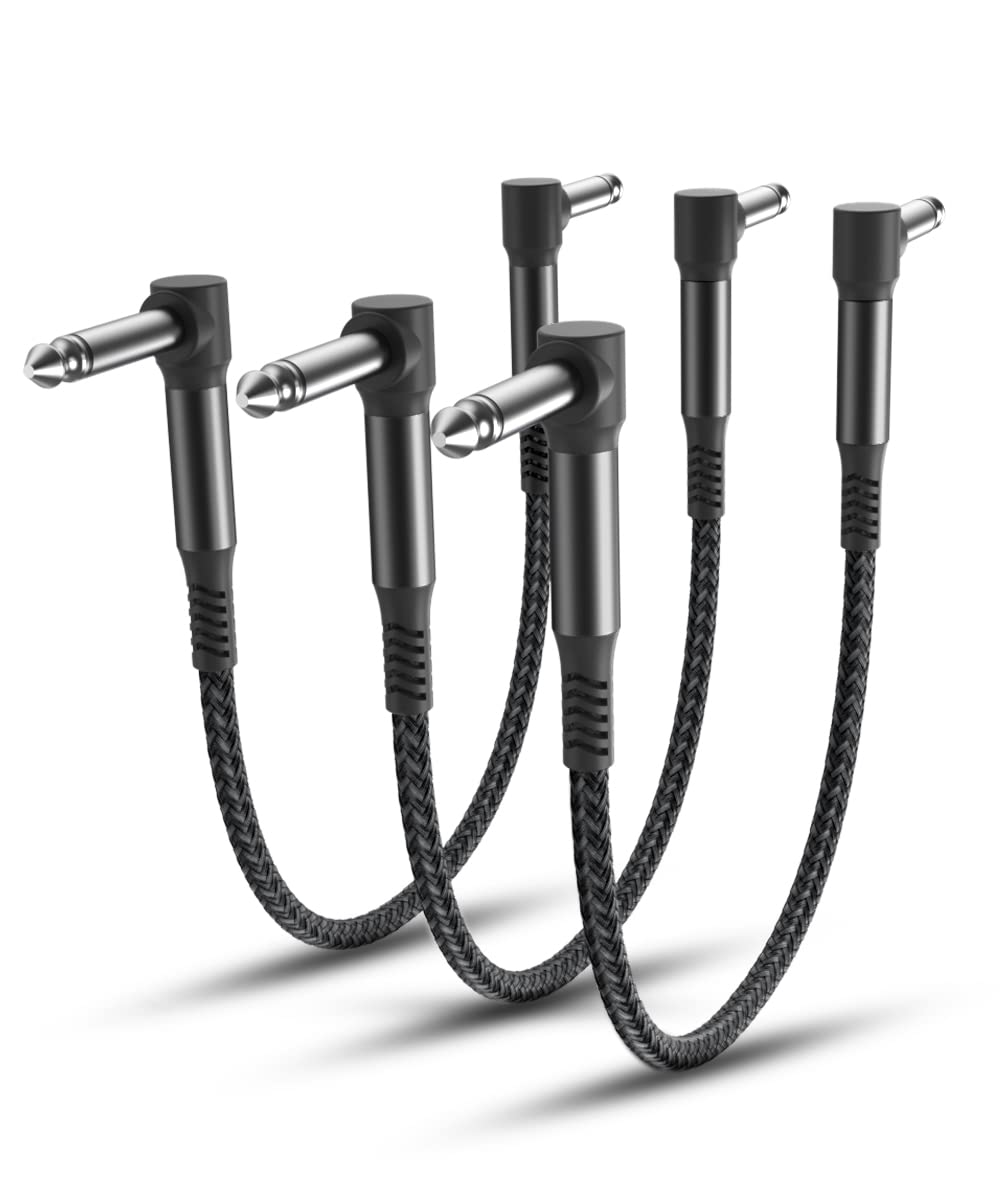RUXELY Guitar Patch Cables 30CM 6-Pack,6.35Mm Effects Pedal Board Cord,Nylon Braided 1/4" Right-Angle Instrument Audio Cable,Pedalboard Connector TS Copper Wire for Amp/Amplifier,Mixer,Electric Bass