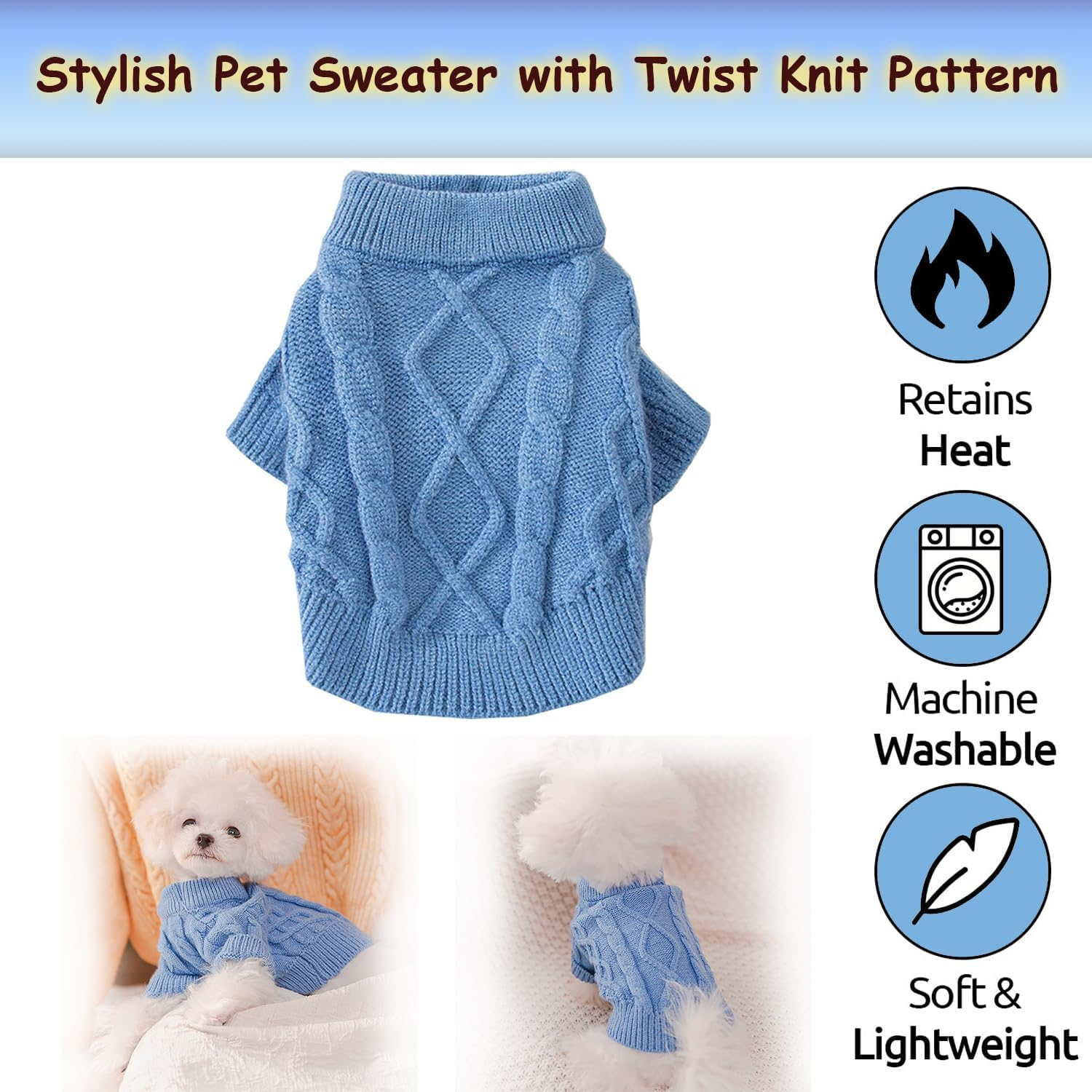 Small Dog Cat Sweaters, Puppy Jumper Sweater Warm Pullover Fleece Dog Jacket Winter Dog Clothes Cute Soft Turtleneck Knitted Classic Twist Striped Clothes for Small Medium Dogs Cat (Blue, X-Small) image number 5