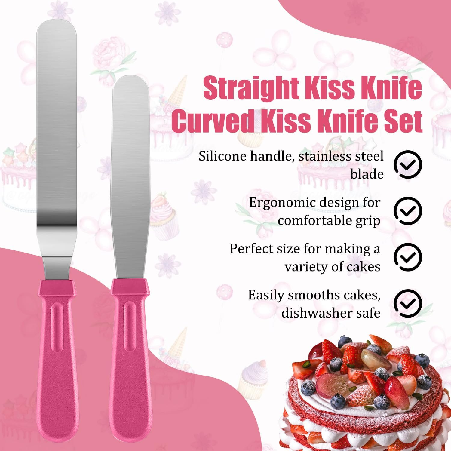 Cake Stand, 11 Inch Rotating Cake Turntable with 2 Icing Spatula and 3 Icing Smoother, Cake Decorating Supplies Kit for Beginners Set of 6 (Pink)