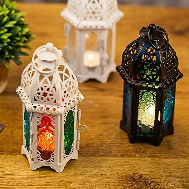 4 Pcs Moroccan Glass Candle Holder Metal Lantern Creative Aromatherapy Candle Cup Iron Art Decorative Piece Colorful Glass Windproof Design Ideal for Home Decor and Wedding Decorations(Black) image number 2