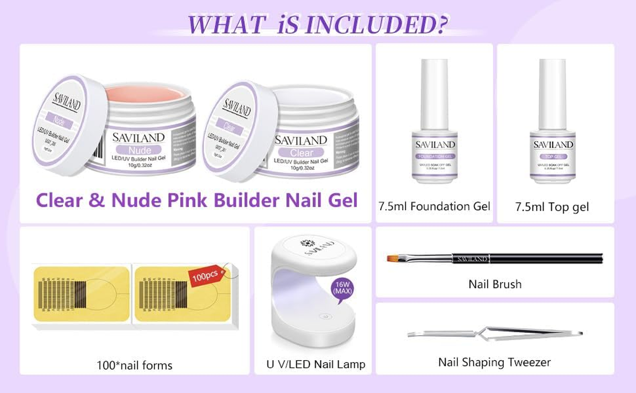 SAVILAND Builder Nail Gel Set &ndash; 2 Basic Colors Nail Extension Kit Clear Nude Nail Strengthen Gel with Nail Brush 100Pcs Nail Forms for Nail Extension at Home Nail Salon, Nail Art DIY image number 5