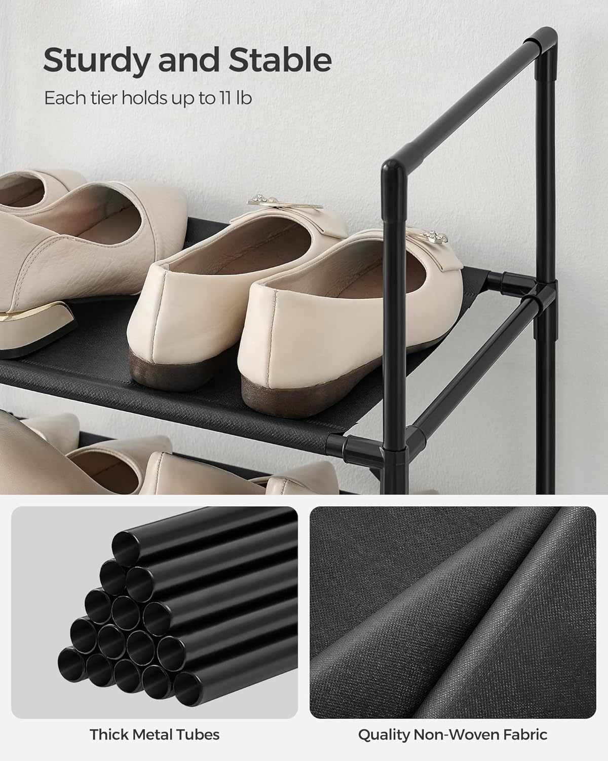 SONGMICS Shoe Rack, 10 Tier Shoe Shelf, Shoe Storage Organizer, Space-Saving, 11 X 17.7 X 68.1 Inches, Metal Frame, Non-Woven Fabric Shelves, for Entryway, Bedroom, Black ULSH010B02