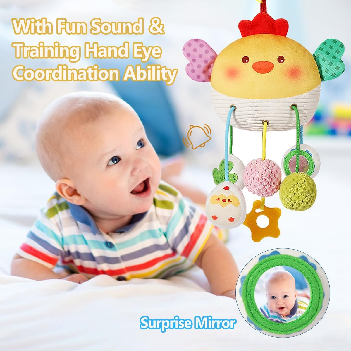 Baby Activity Hanging Toy, Soft Plush Chick Sensory Toys with Rattle ＆ Textures, Baby Stroller Toy, Toy for Car Seat and Crib, Early Educational Toys for Infant Boys and Girls image number 4
