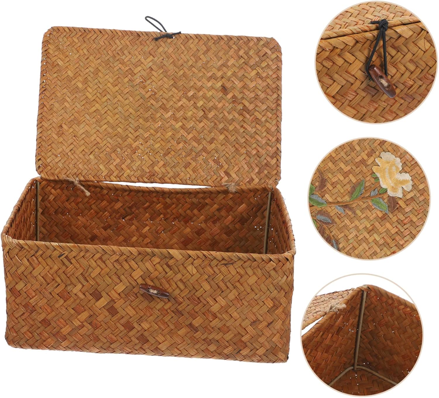 Decorative Woven Storage Basket Large Rectangular 29X19X12Cm Wicker Basket Lid Rustic Desktop Organizer for Home and Office Storage image number 6