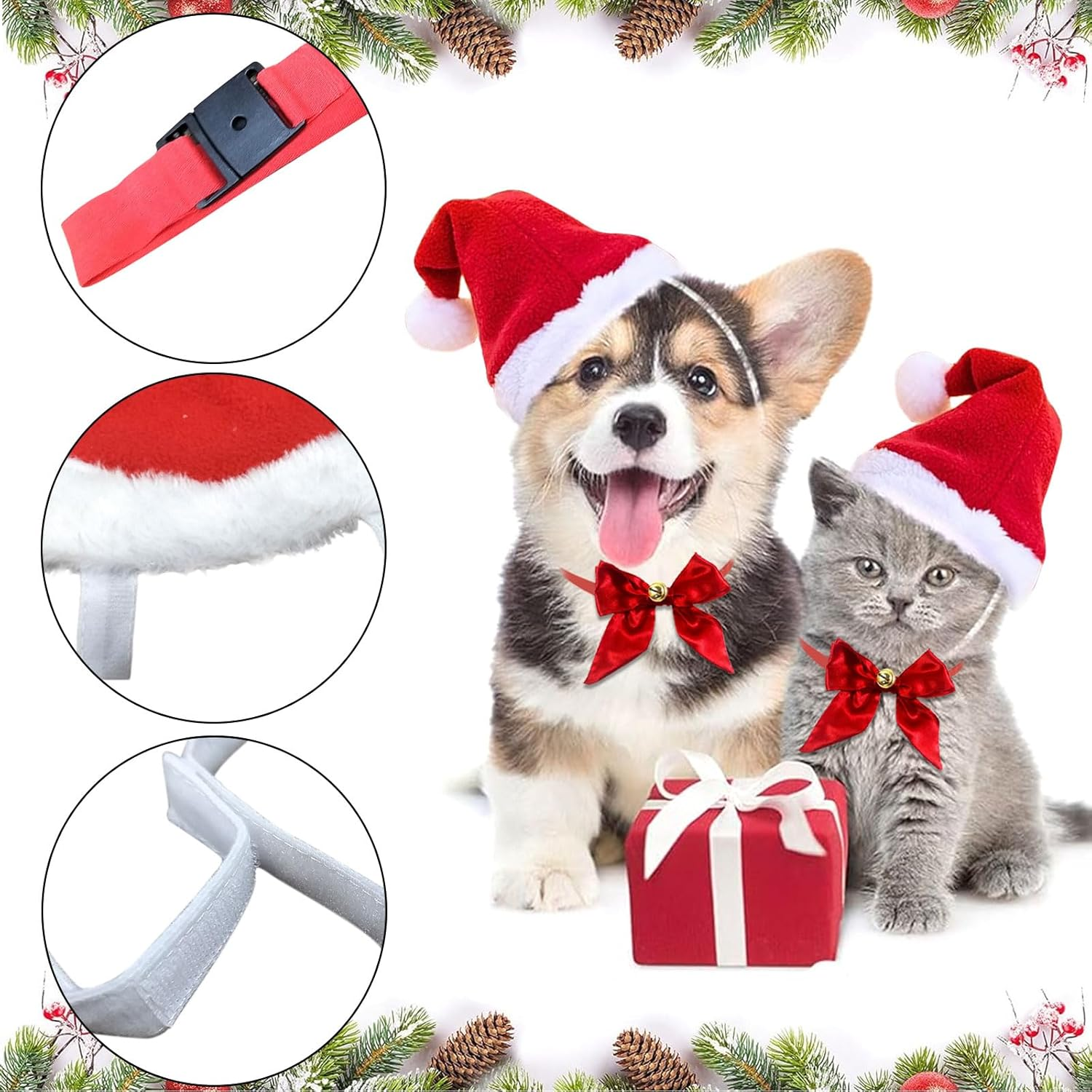 Pack of 2 Christmas Dog Costume, Dog Christmas Hat, Christmas Hats for Cats, Collar Christmas Costume Accessory Set, Adjustable Size Pet Hat for Cats, Puppies, Small Dogs