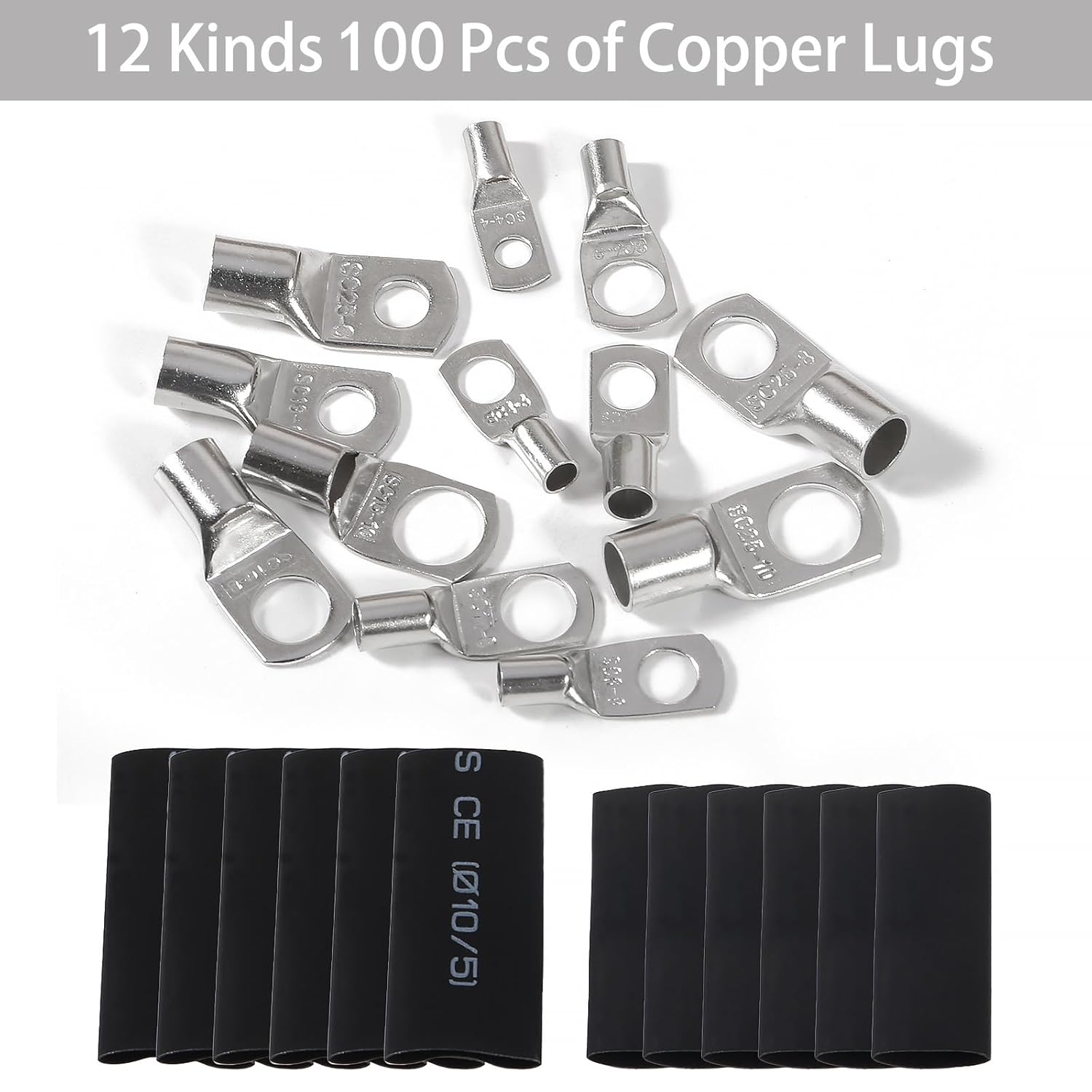 220PCS Copper Wire Lugs with Heat Shrink Set,100Pcs Tinned Battery Copper Cable Lugs Crimp Terminals Kits with 120Pcs Heat Shrink Tubing image number 1