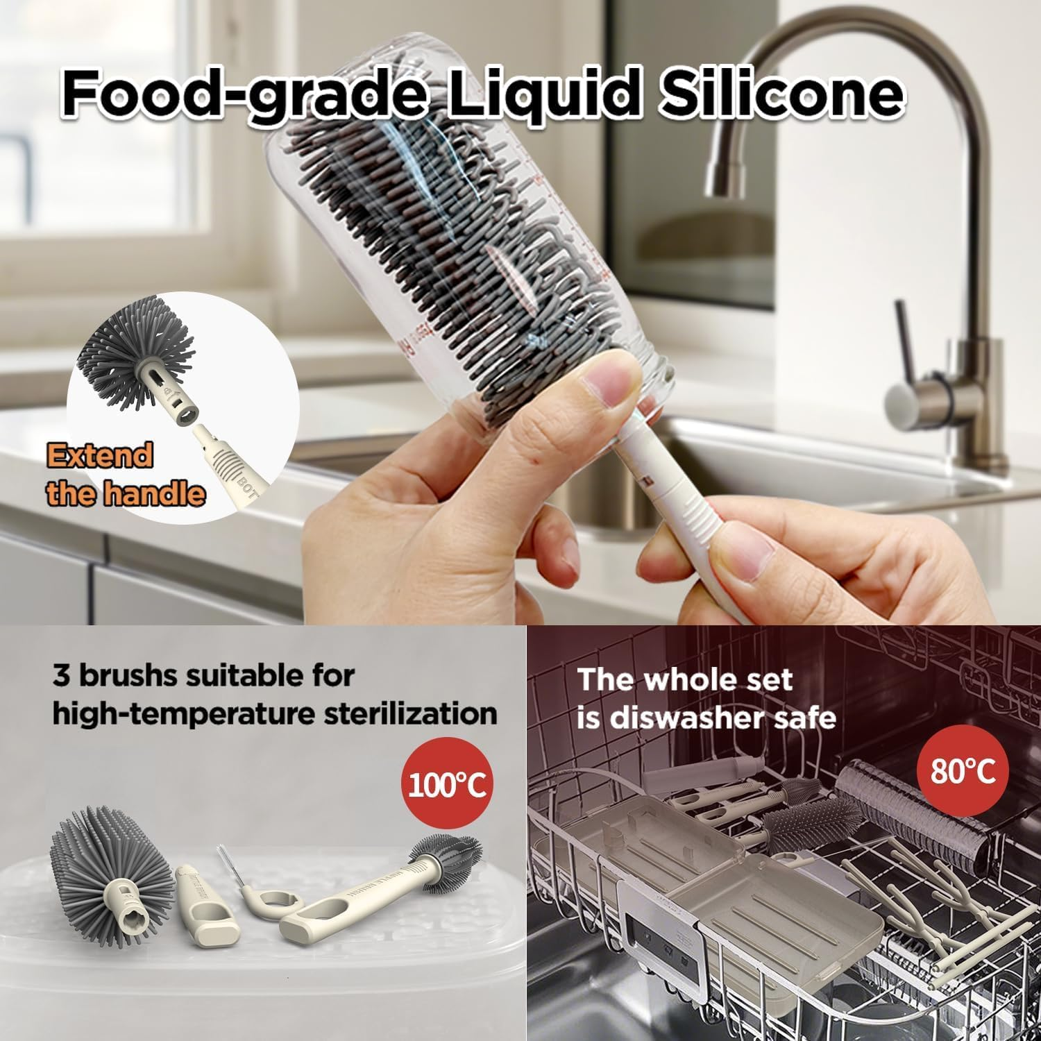 Travel Bottle Brush Set, Auto-Open Rack & Vertical Brushs Drying Slots, 3 Brushes, Foldable Drying Rack, Dispenser, Travel Baby Essentials for On-The-Go Parents, Coffee 1Set image number 5