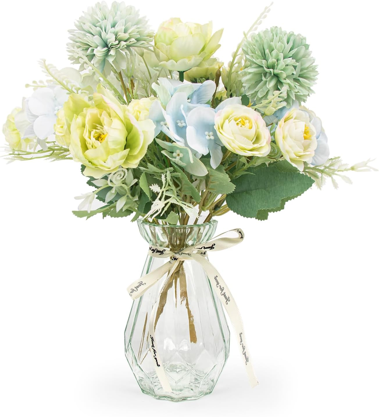 2 Bundles Artificial Flowers Set Roses Camellia Peony Chrysanthemum Combo Faux Flowers Bulk Flower Leaf with Stems for DIY Centerpieces Wedding Party Home Decorations (Green)