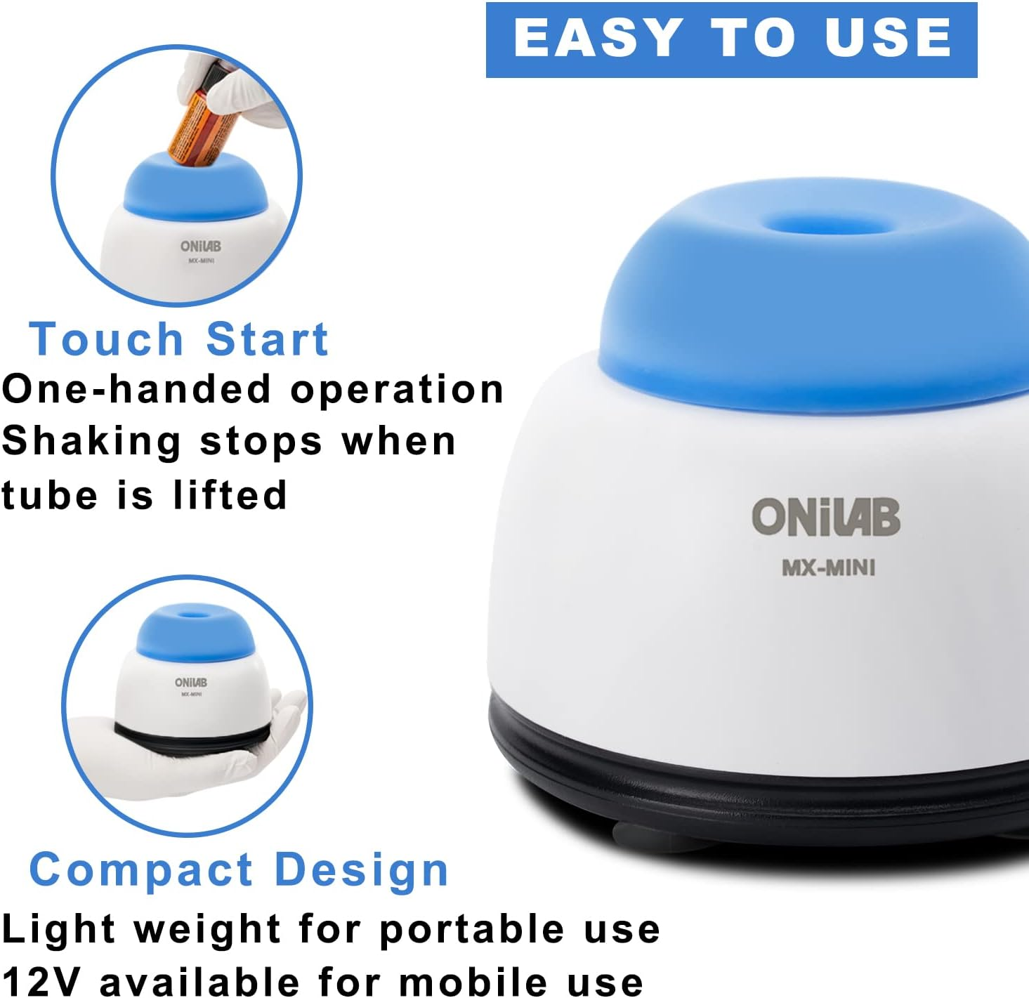 Onilab Mini Vortex Mixer with Touch Function, Lab Mixing, Nail Polish,Tattoo Ink,Eyelash Adhesives and Acrylic Paints Mixing, Lab Vortexer for Centrifuge Tubes and Test Tubes,Blue image number 2