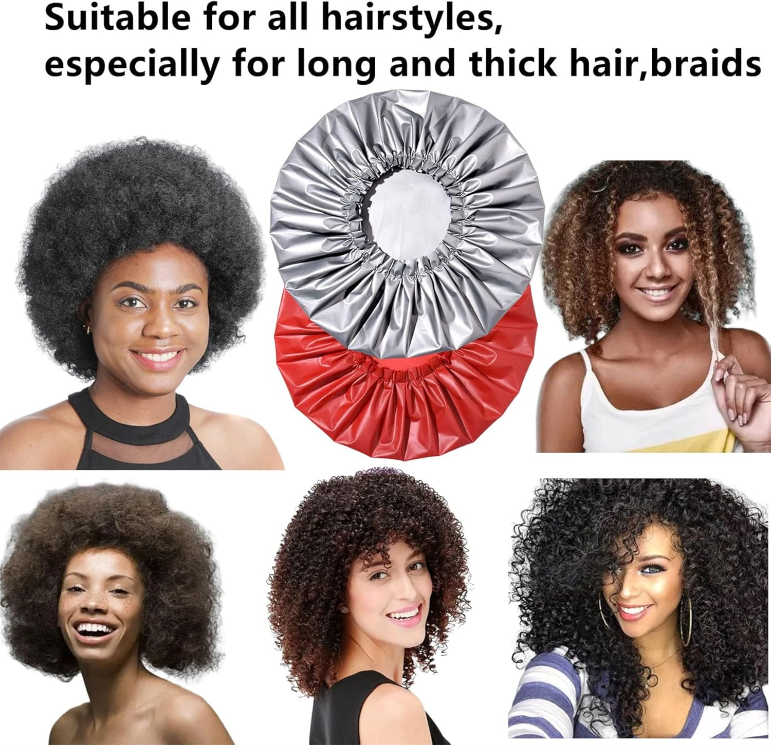 Shower Cap for Women,Extra Large & Waterproof & Reasuable Shower Caps 2 Packs Bath Caps for Braids Long Hair(Grey and Red) image number 4