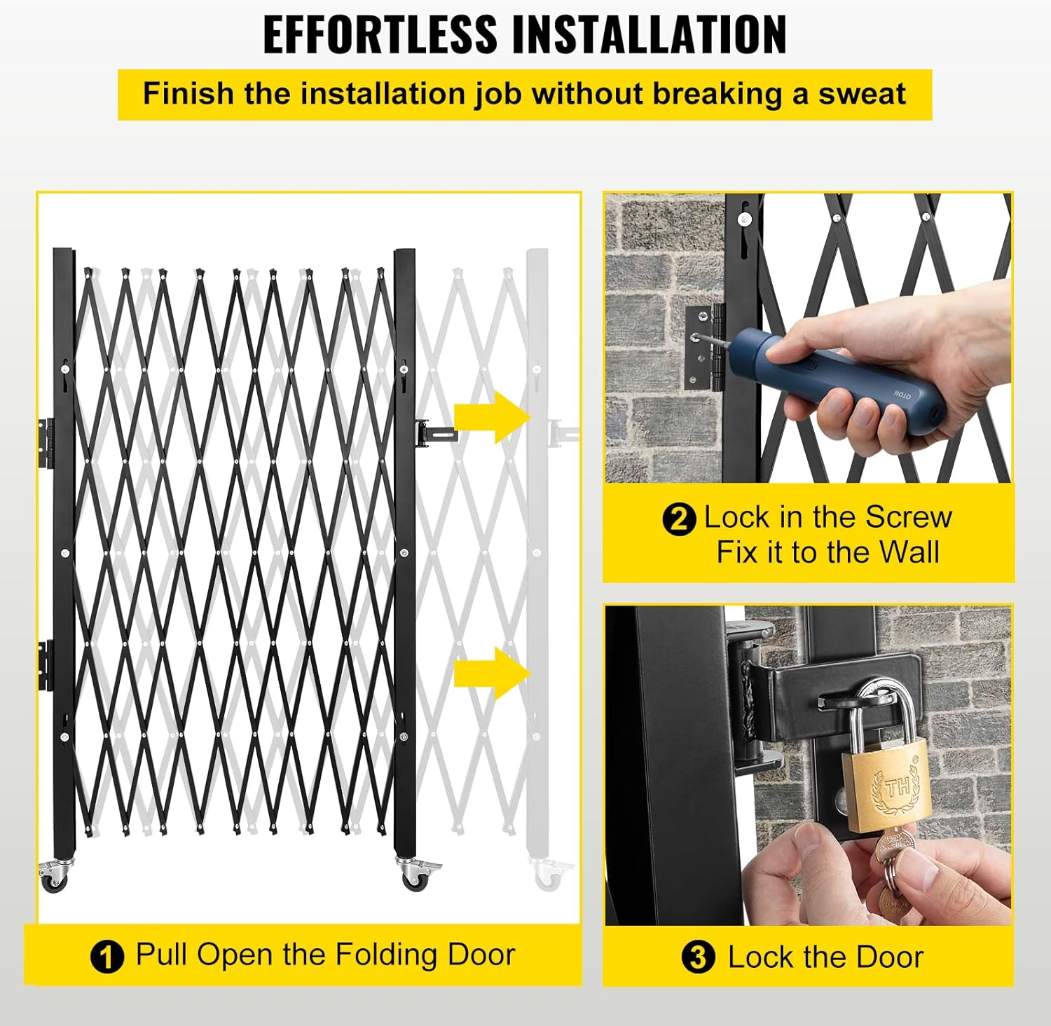 VEVOR Single Folding Security Gate, 85" H X 95" W Folding Door Gate, Steel Accordion Security Gate, Flexible Expanding Security Gate, 360&deg; Rolling Barricade Gate, Scissor Gate/Door with Padlock image number 6