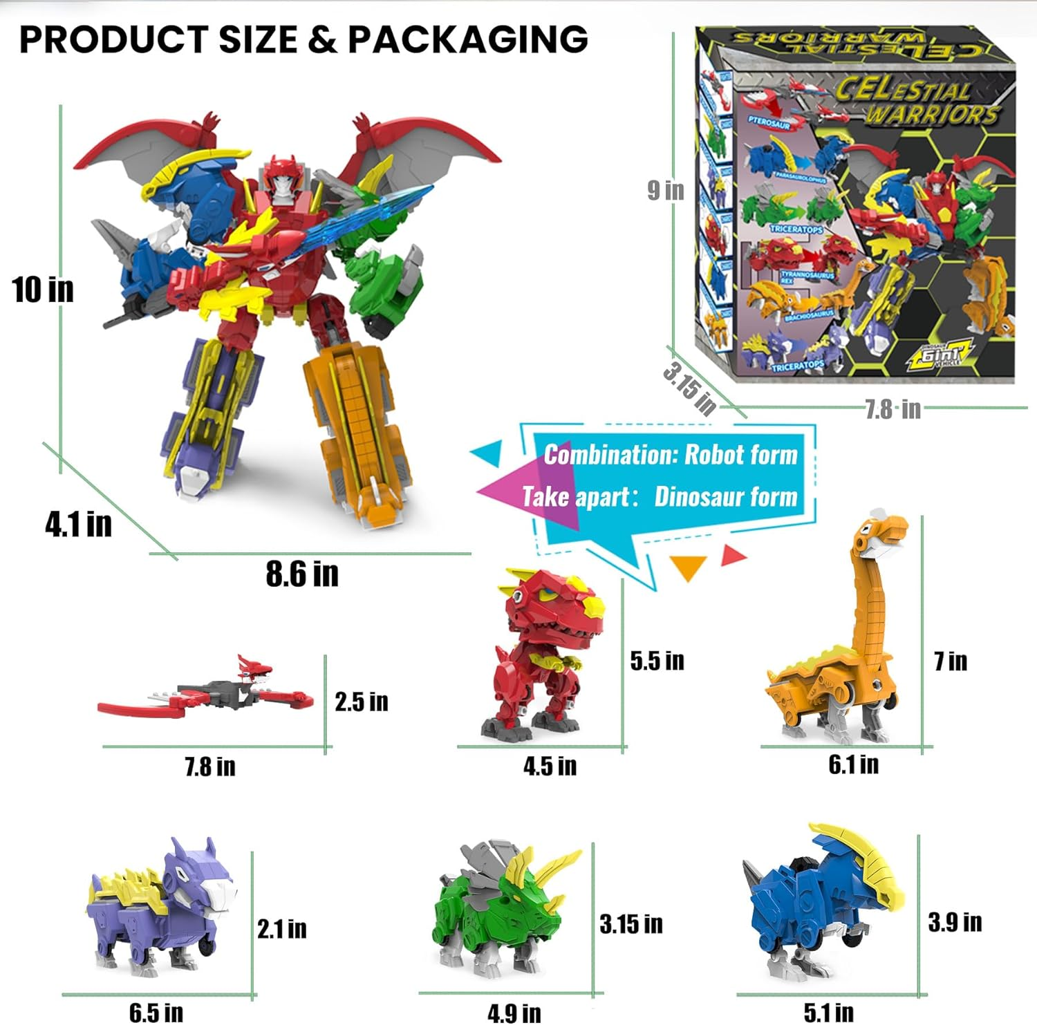 Wenbeier Dinosaur Turn into Robot Toys/6 in 1 Action Figures Take Apart Dinosaur Toys for Boys & Girls Ages 6-12 image number 6