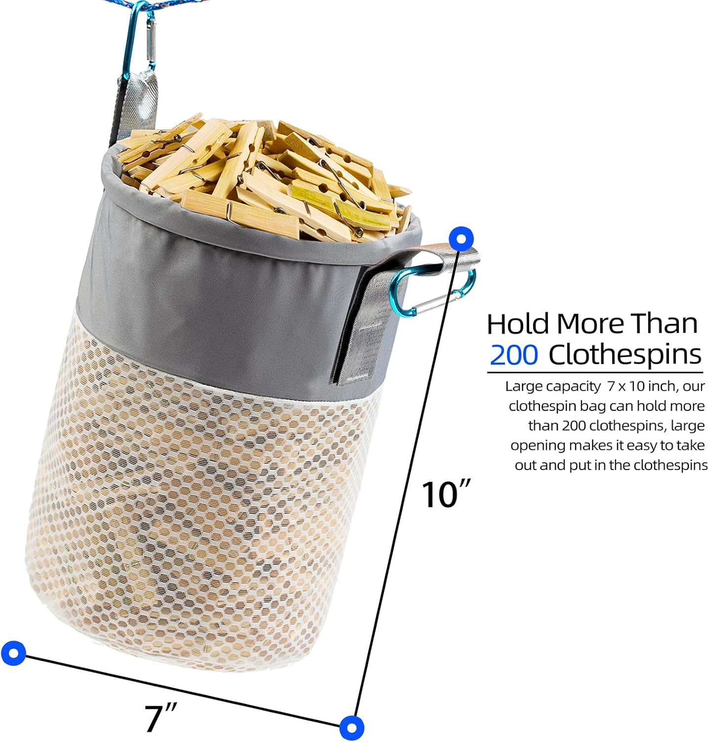 Mesh Clothespin Bag Holder Outside, Ventilation and Moisture Resistance, Multiple Hanging Methods Clothes Pin Bag with Drawstring Closure, Large-Capacity Clothespin Storage Organizer with Hooks