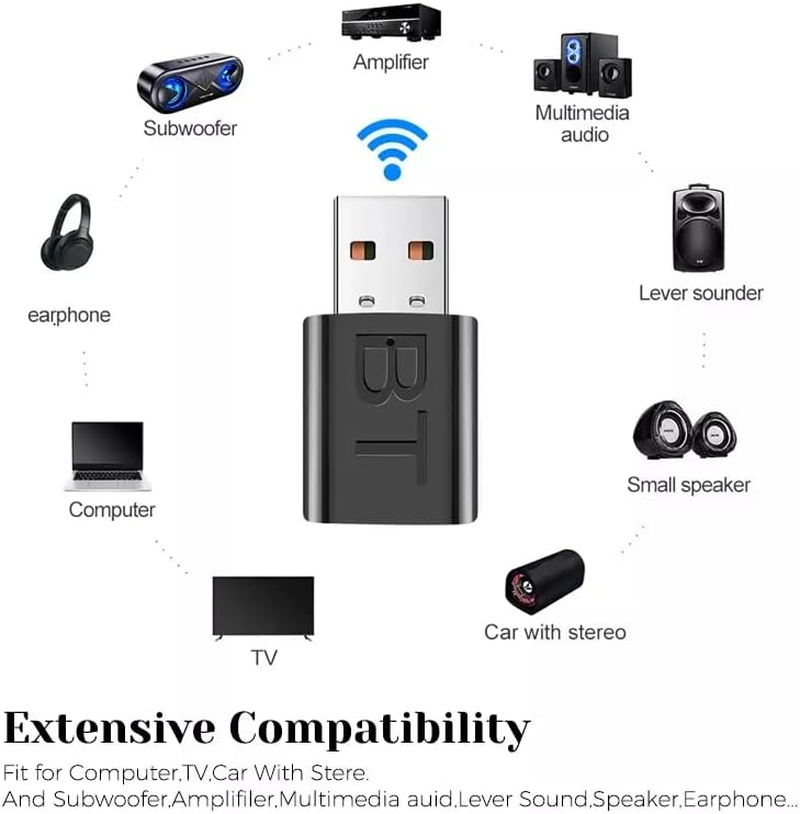 Mrcomputerguy USB Bluetooth 5.0+EDR Adapter, Mini Bluetooth Transmitter Receiver, Hi-Fi Wireless Audio Adapter Dongle with 3.5Mm AUX for PC TV Headphones Car Home Stereo, USB Power Supply, No Driver Required image number 2