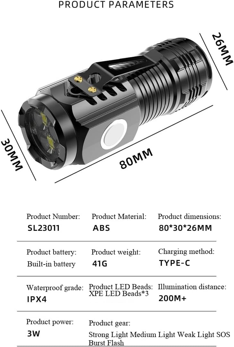 Rechargeable Mini Flashlights,Bright 3 LED Flash Lights, Small EDC Flashlight with Belt Clip, 5 Lighting Modes Portable Rechargeable Flashlights for Camping Home (2, Black) image number 5