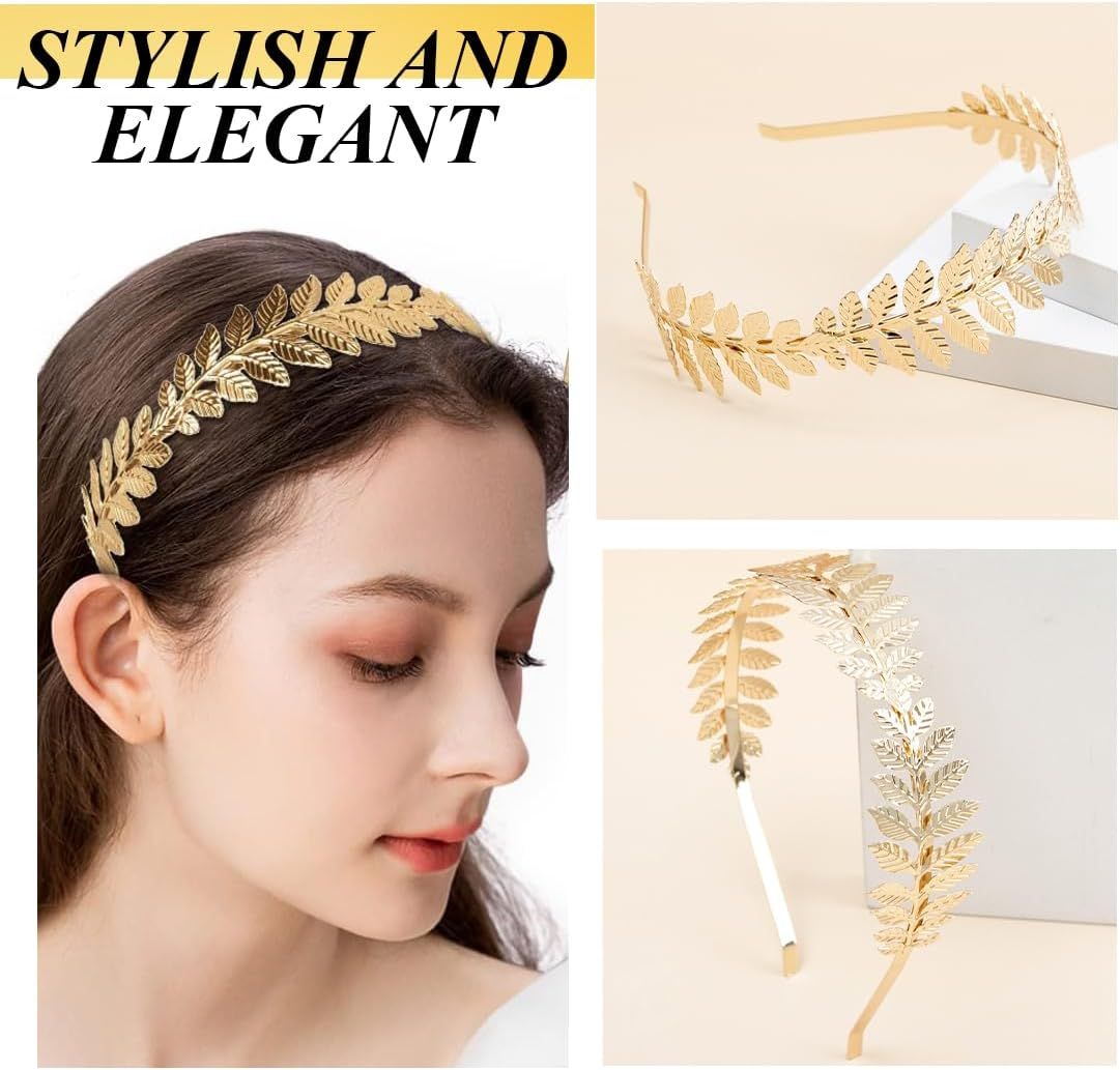 Pack of 2 Roman Goddess Headbands in Gold - Women'S Hair Band for Bride, Girls & Boho Wedding - Laurel Wreath Hair Accessories with Golden Leaves as Crown Accessory