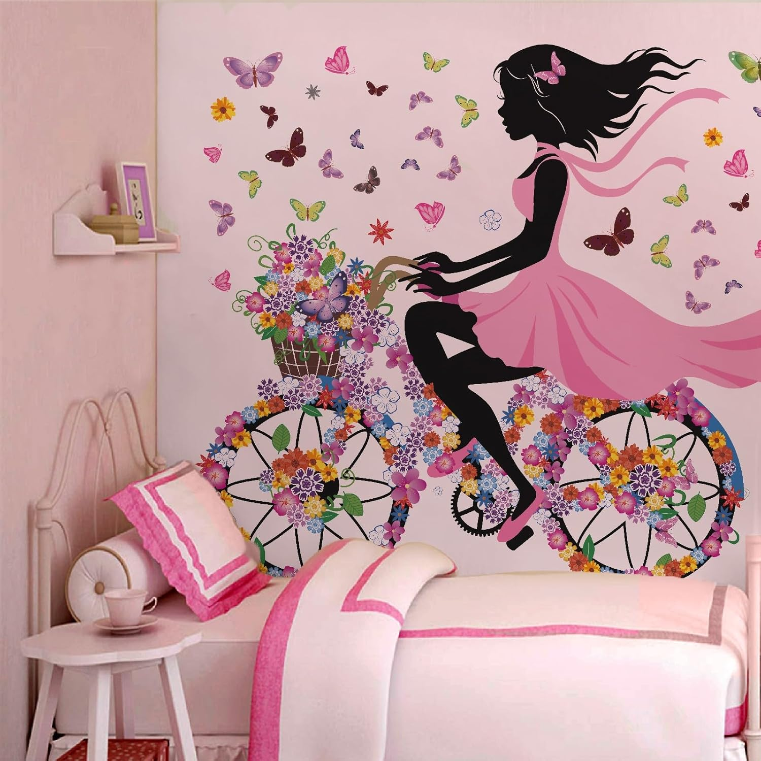 DEKOSH Kids Room Girl with Butterflies and Flowers Peel and Stick Wall Decal Set