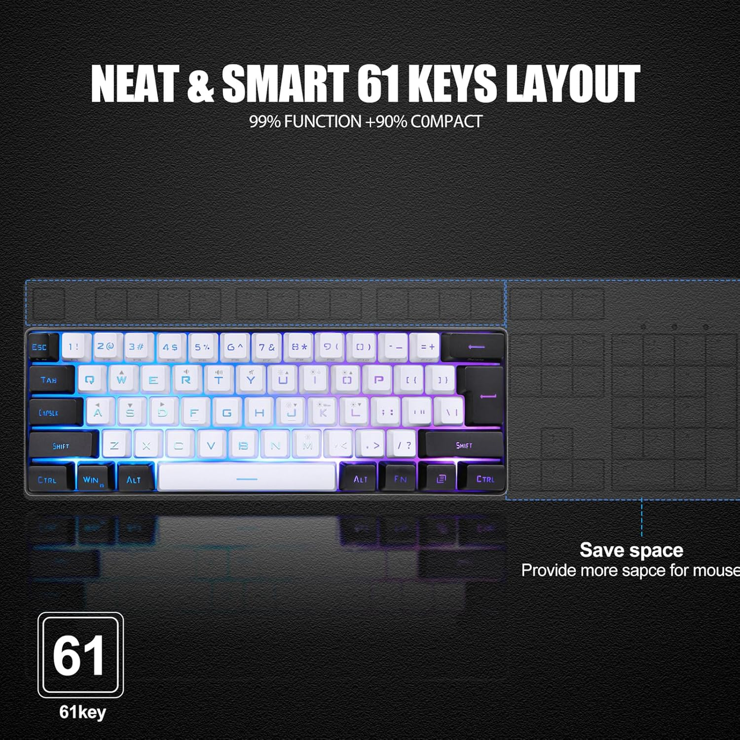 Mini RGB Keyboard, LED Backlight Mechanical Feeling Wired Gaming Keyboard with Multiple RGB Lighting and Stand, Ergonomic Design(Black and White) (White) image number 4