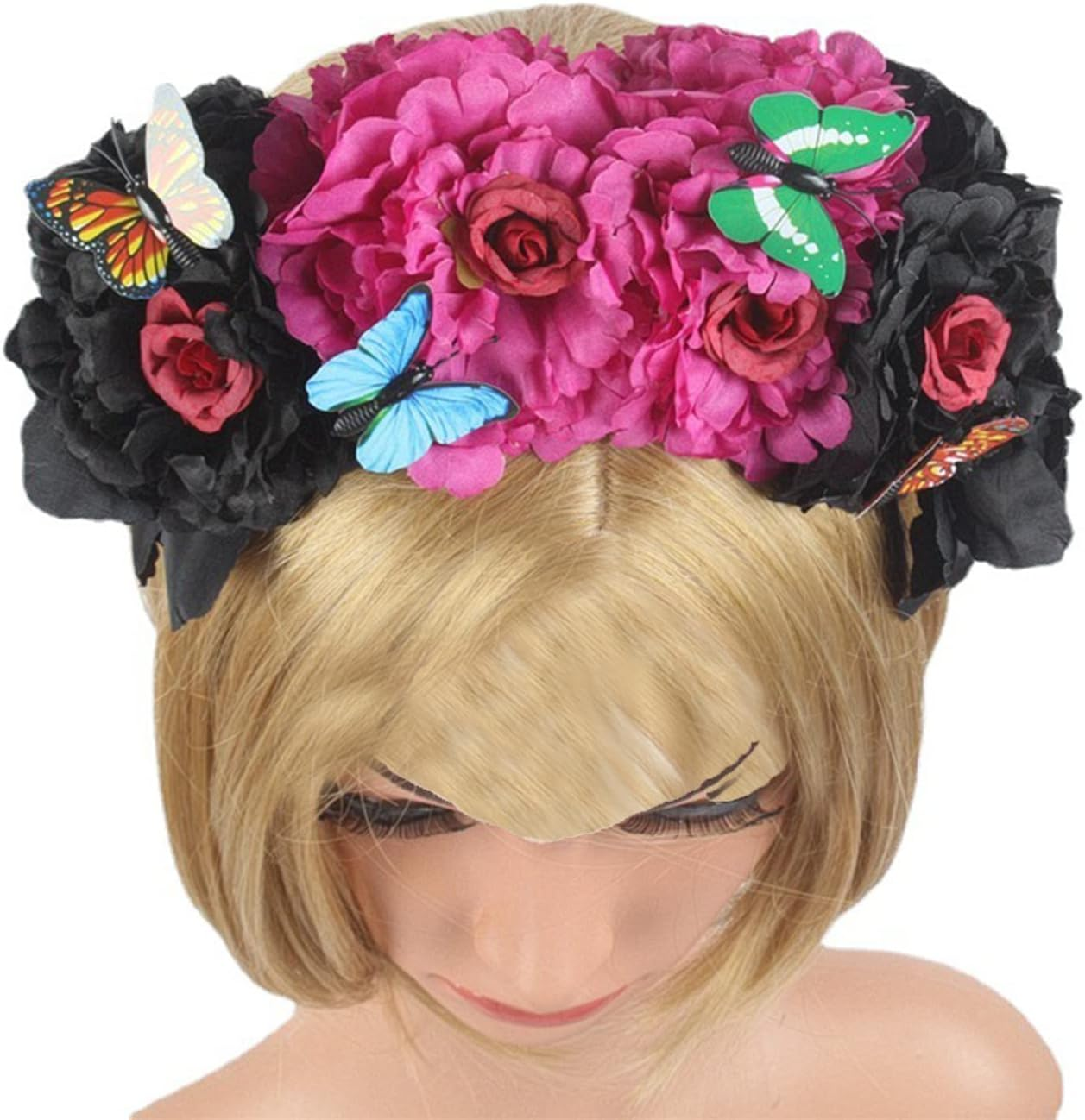 Aoozleny Mexican Flower Crowns Headband, Headpiece for Halloween Festival Party (Red-Black) image number 2