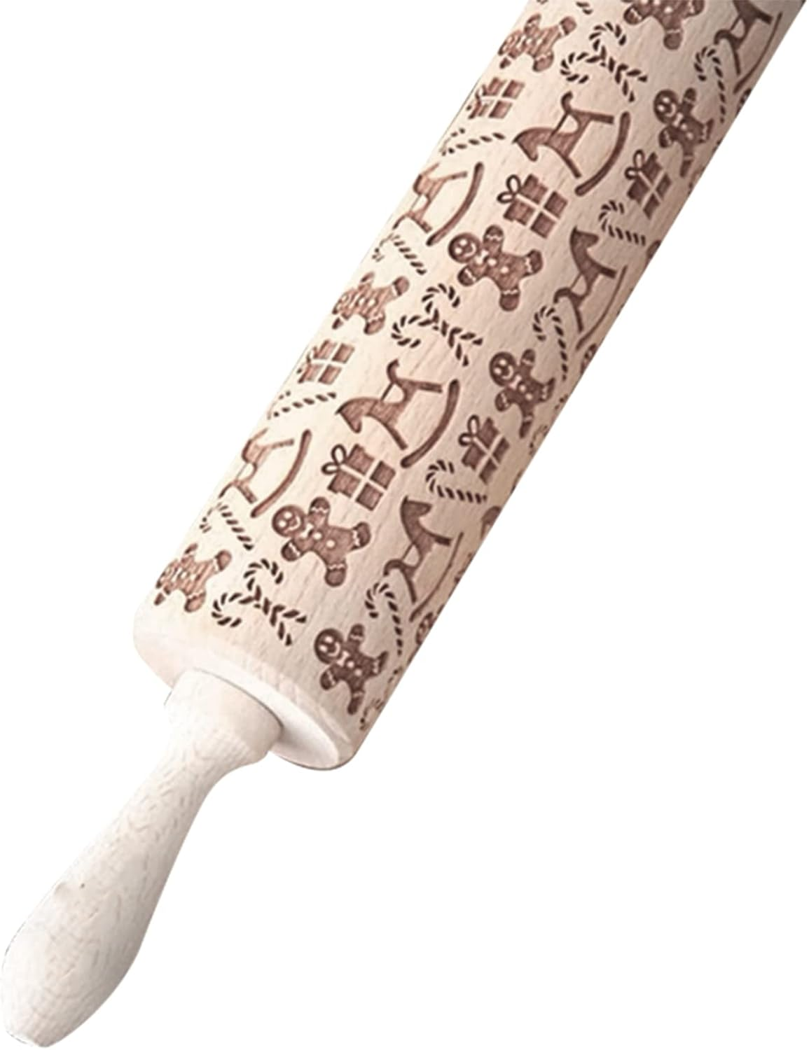 Christmas Wooden Rolling Pin for Baking Engraved Embossing Rolling Pin Cookie Stamps Roller Square Grid Cookies Mold Kitchen Decor Tools for Baking Embossed Cookies (Gingerbread Man) image number 1
