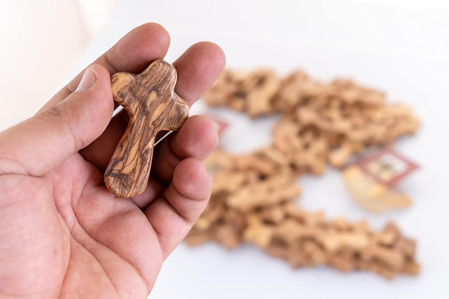 Zuluf 100 Small Olive Wood Comfort Crosses from Bethlehem Israel | Pocket Holding Crosses | Comes with 100 Holy Land Certificates 6Cm / 2.5 Inch Each Cross - CRS301 image number 2