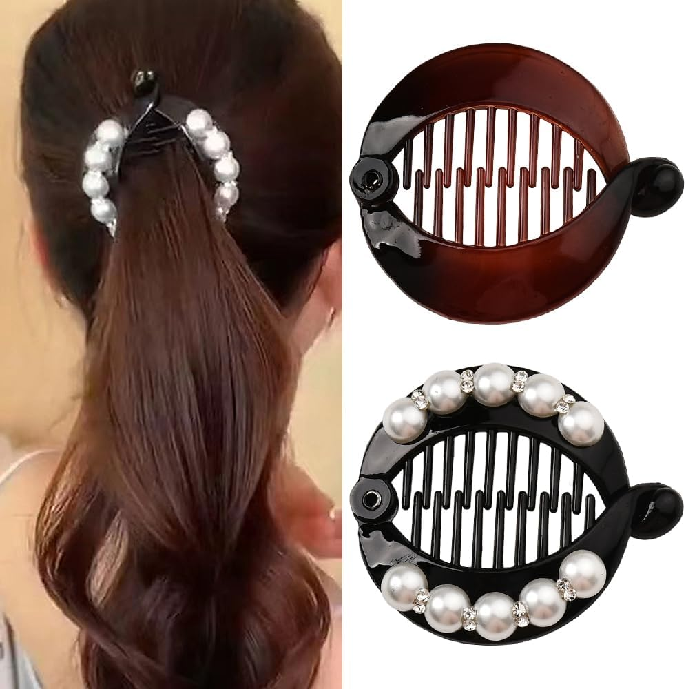 Pearl Banana Hair Clips for Girls French Comb Clip Black Banana Claw Clip Fish Hair Clips for Girl Non Slip Ponytail Holders Banana Clip for Thin Thick Hair Accessories Banana Barrettes 2Pcs