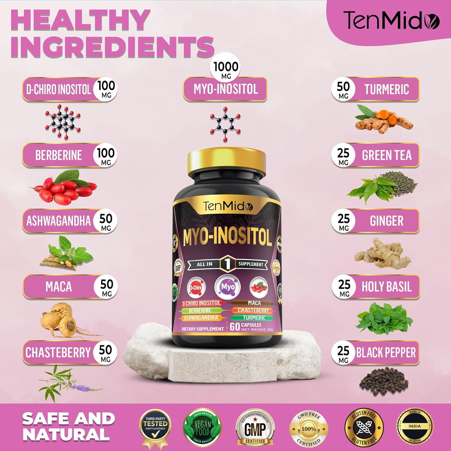 Tenmido Myo-Inositol Supplement for Women &ndash; Blend D-Chiro Inositol, Berberine, Ashwagandha, Maca, Chasteberry, Turmeric, Green Tea, and More &ndash; 60 Vegan & Non-Gmo Capsules image number 4
