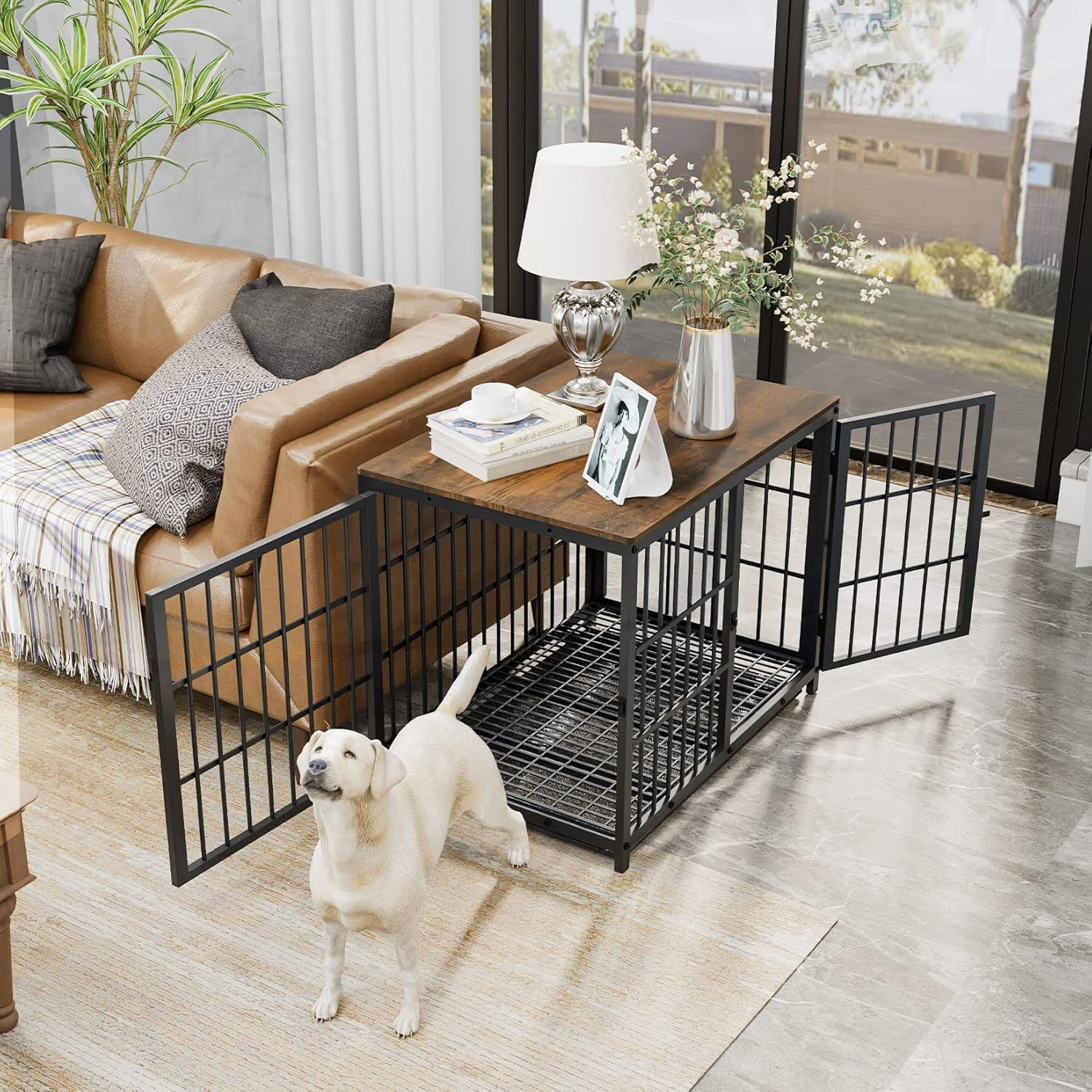 Bingopaw Wooden Dog Crate Indoor: 30Inch Furniture Style Pet Cage Pet Kennel End Table with Three Doors and Removable Tray for Small Medium Dogs Black