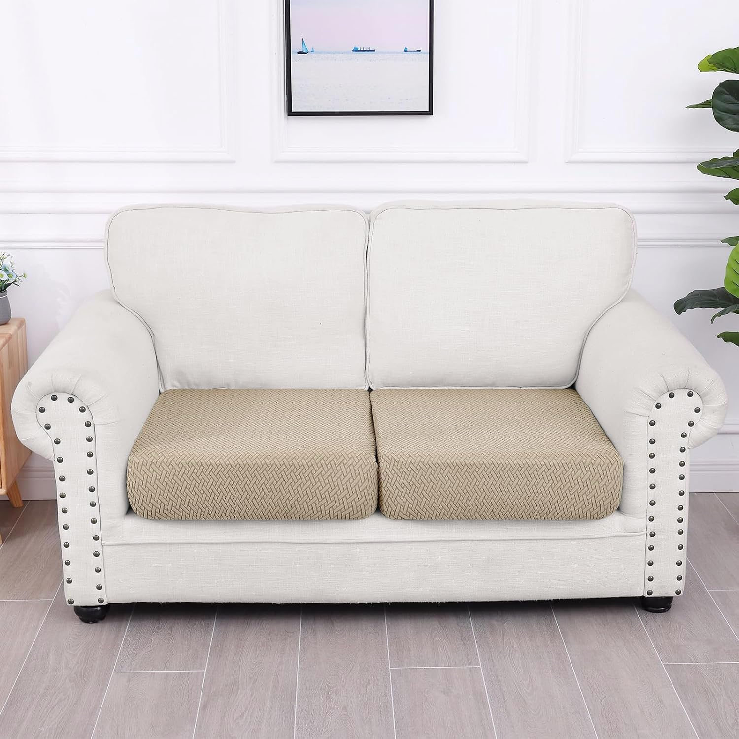 Smiry Waterproof Couch Cushion Covers, Stretch Jacquard Thick Sofa Cushion Covers, Washable Seat Slipcover Elastic Furniture Protector for Pets, Kid (2PC, Camel)