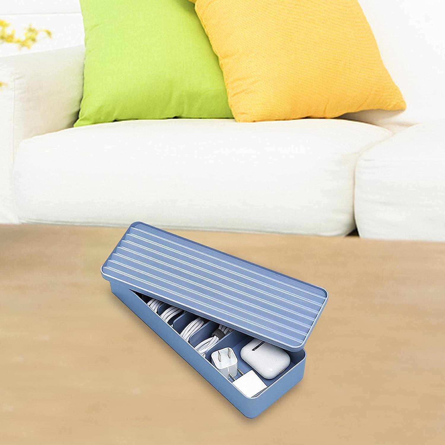 Cable Storage Box, Power Cord Organizer, Cable Management Case, USB Cord Sorter with Lid & 7 Compartments 10 Wire Ties Desk Accessories Storage for Office Stationery Supplies, Makeup Box (Blue)