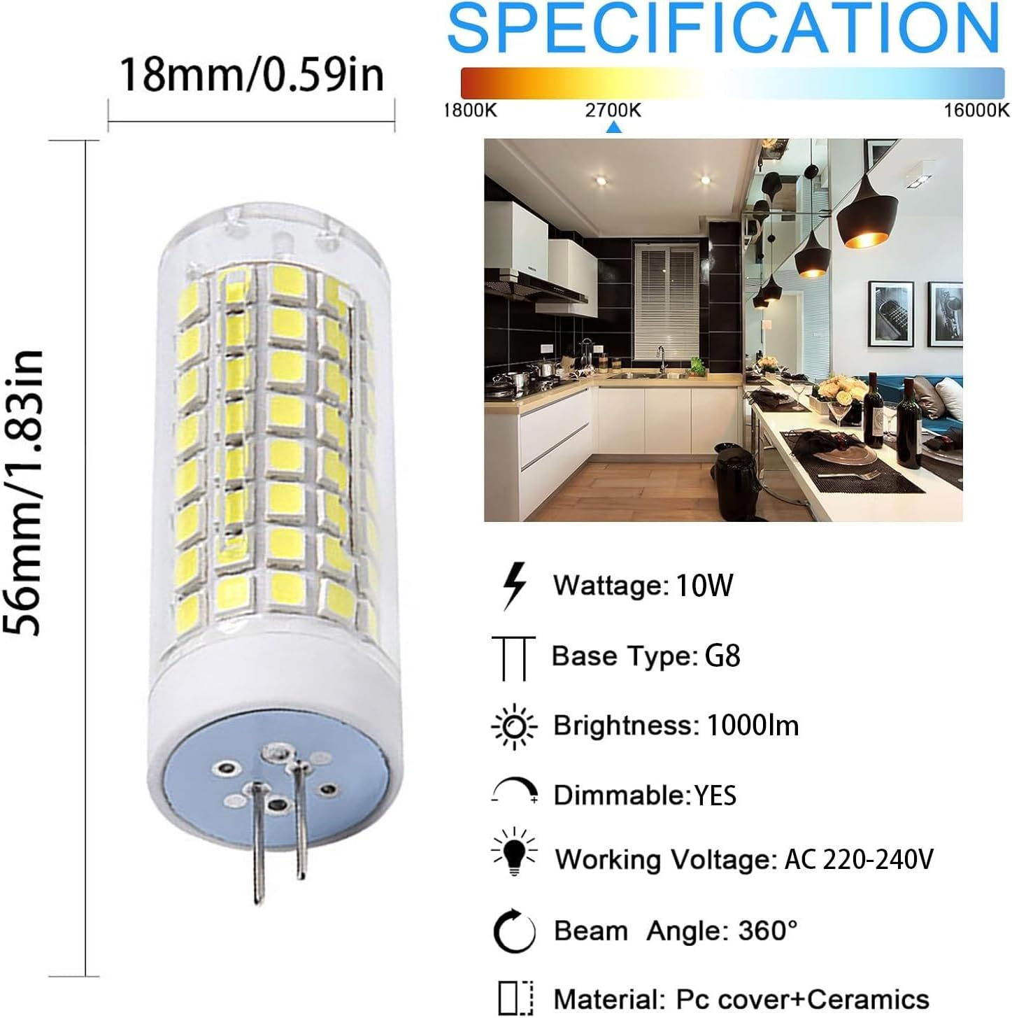 G8 LED Bulb 220-240V AC 10W Equivalent to 100W Halogen Bulb, T3 JC Type Bi-Pin Base, 1000 Lm, 4 Pack for Home Lighting, Dimmable(Cool White) image number 6