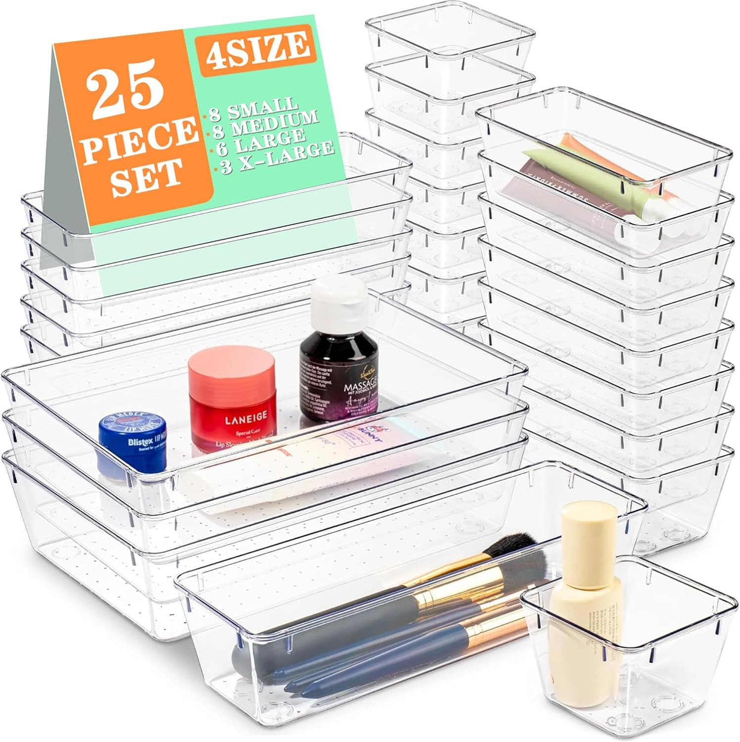 25Pcs Drawer Organisers Set, 4 Sizes Clear Plastic Drawer Organizer & Vanity Organiser for Makeup & Jewelry Storage, Kitchen Utensils & Gadgets, Desk Supplies, Bathroom & Bedroom Organisation image number 4