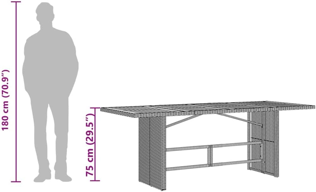 Vidaxl Garden Table with Acacia Wood Top - Black Poly Rattan, Rectangular - Durable, Weather- Outdoor Dining Coffee Table for Garden, Patio, Deck - 190X80X75 Cm