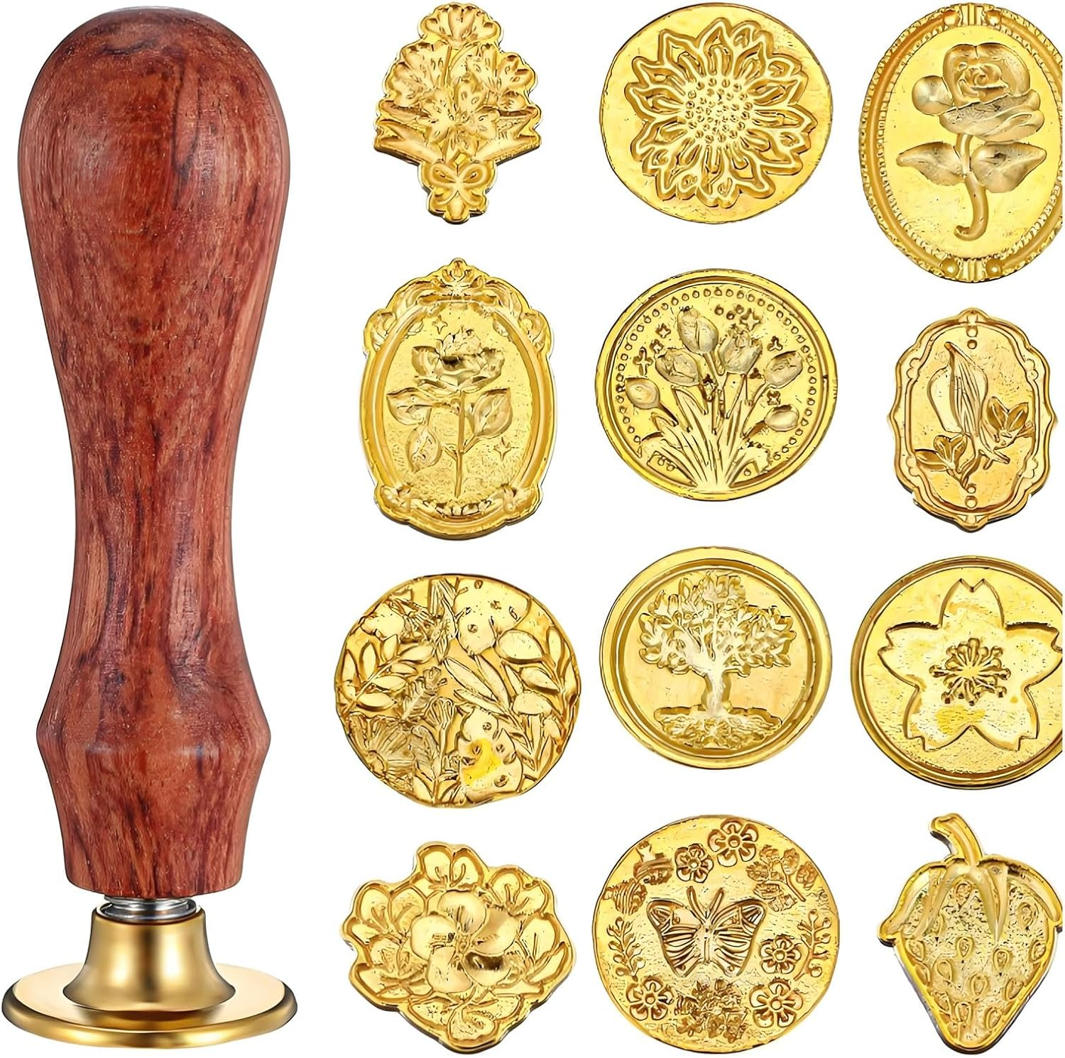 Mytoau12Pcs Wax Seal Stamp Set,12 Styles Sealing Wax Stamp Heads & 1 Pcs Brown Wooden Handle,Vintage Brass Head Sealing Stampers Various Patterns for Envelopes Invitations Cards Gifts Decoration image number 4