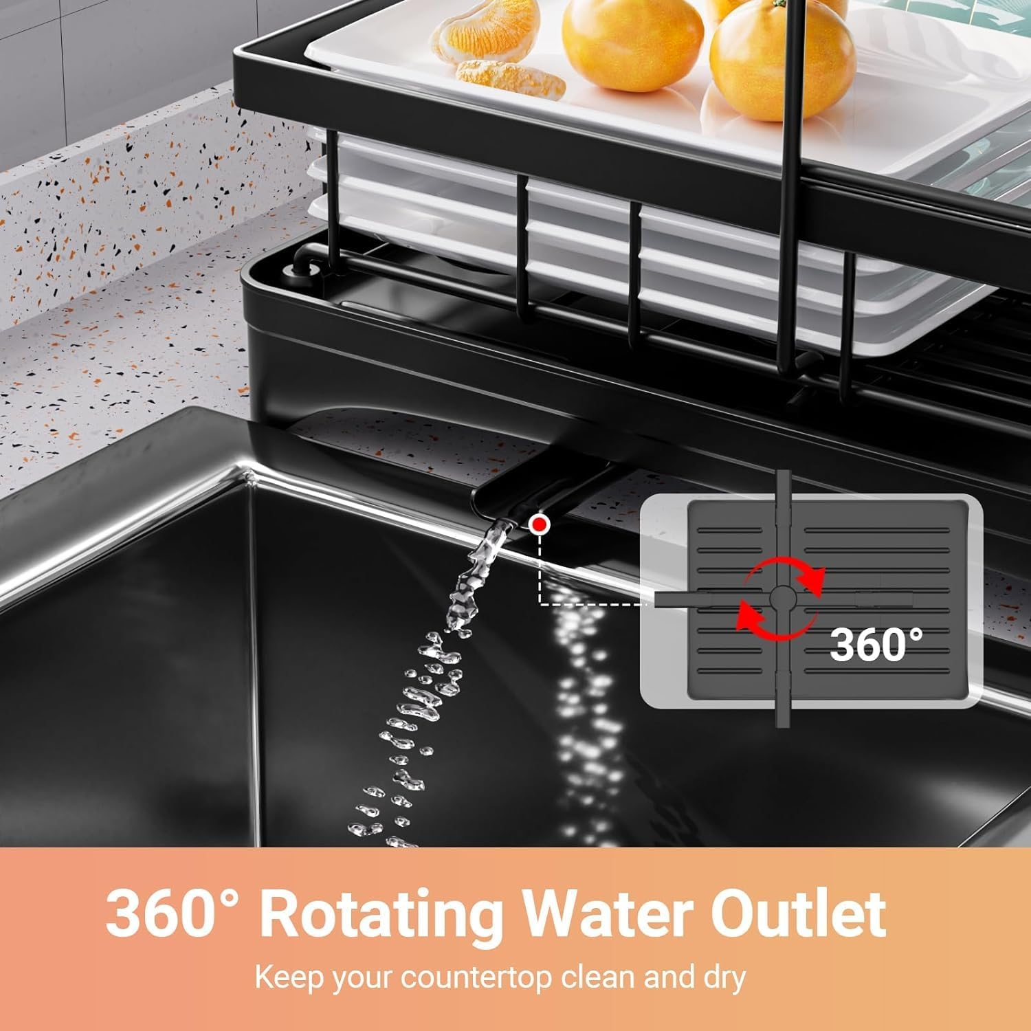 Jabykare 2-Tier Dish Drying Rack with 360&deg; Rotating Drainer Board, Strong Carbon Steel Dish Drainer with Cutlery Utensil Rack & Holders for Kitchen Storage & Organisation (Black) image number 2