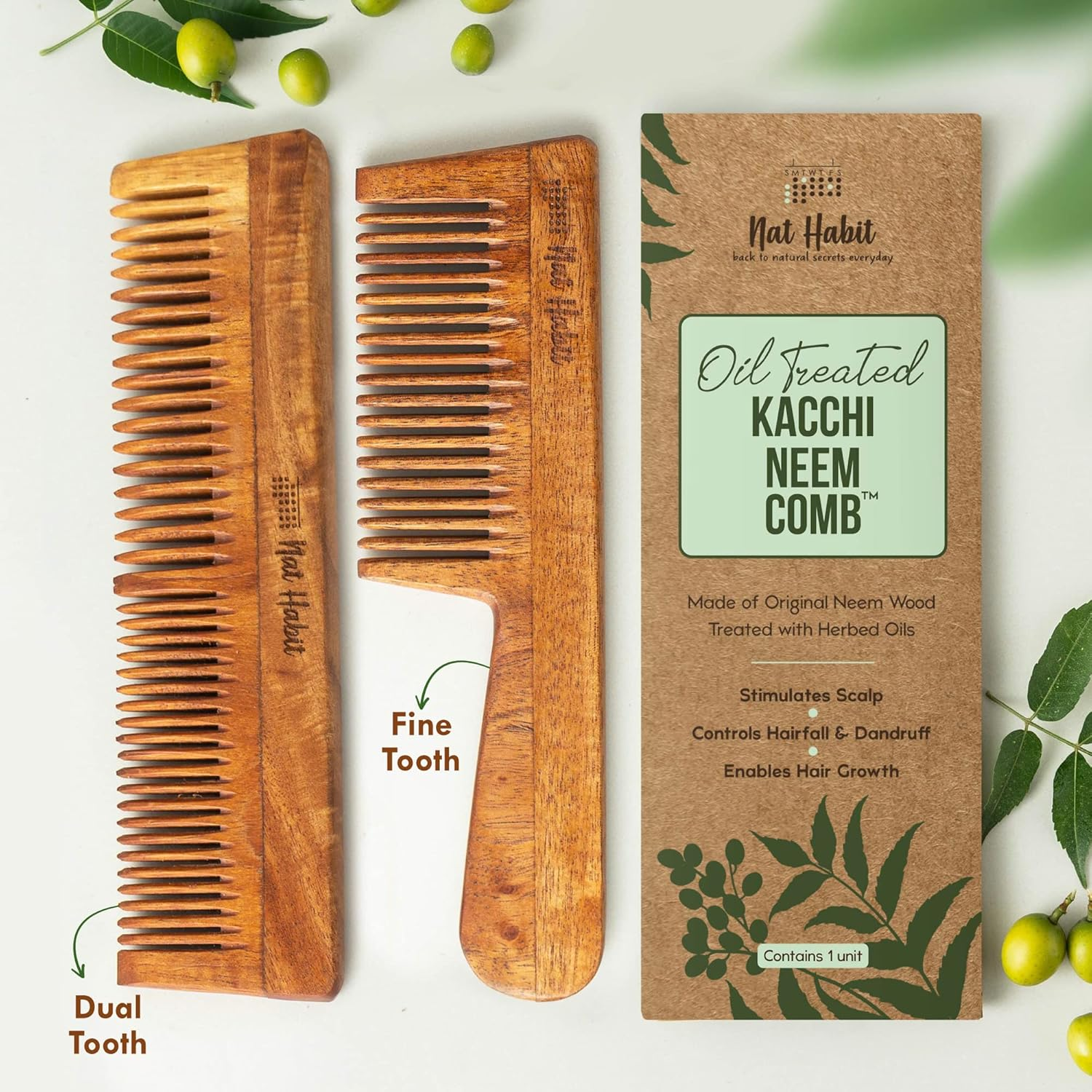 Nat Habit Kacchi Neem Wooden Comb, Soaked in 13 Herbs Neem, Seasame Oil for Multi-Actions Detangling, Frizz Control & Shine (Dual Tooth & Fine Tooth) Combo Pack of 2 image number 1