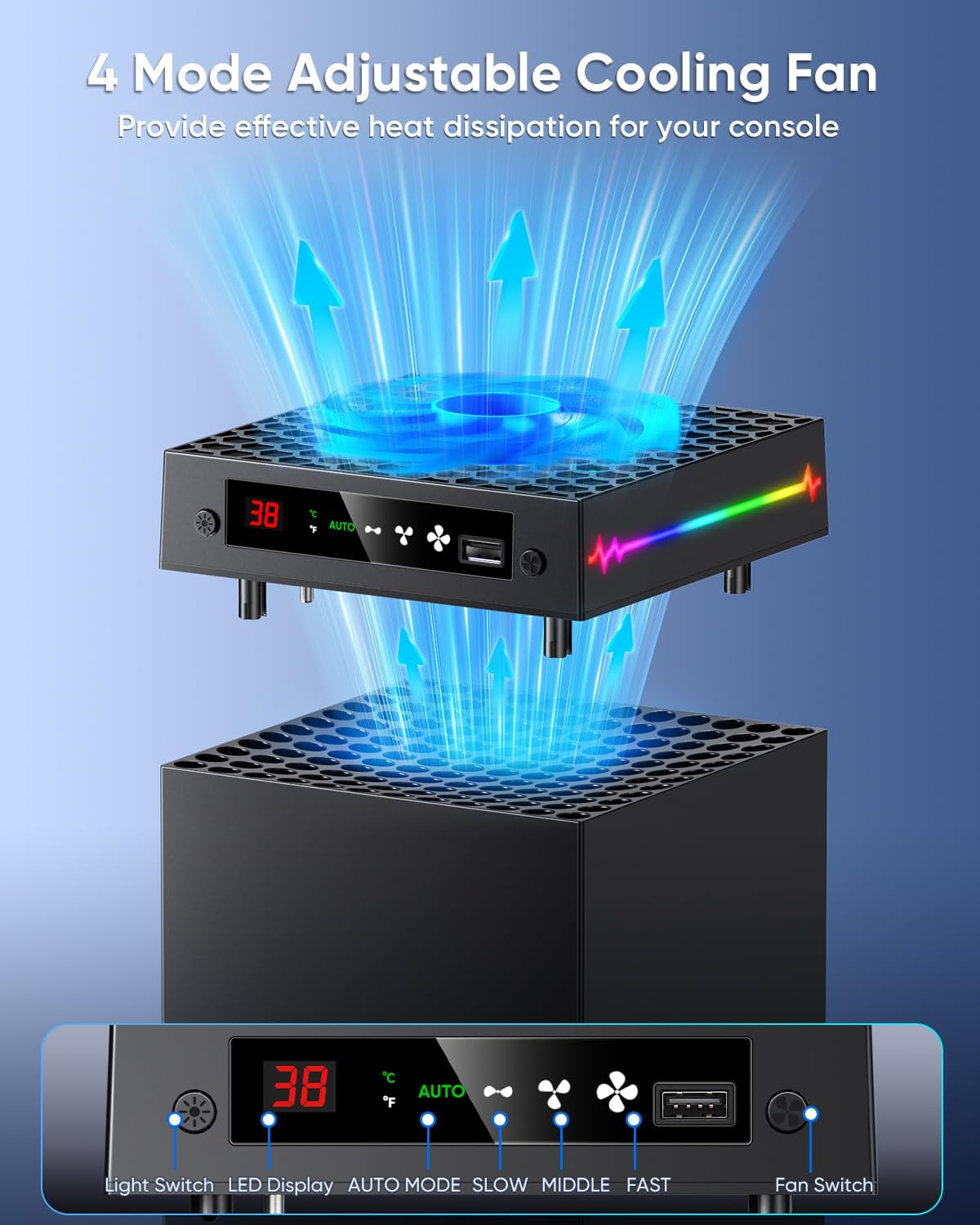 LED Display Auto Cooling Fan for Xbox Series X with 9 RGB Light Modes, Cooling System Adjustable by Temperature with 4 Gears for Xbox Series X Console, Cooler & Light Switch, Headset Hook, USB Port image number 2